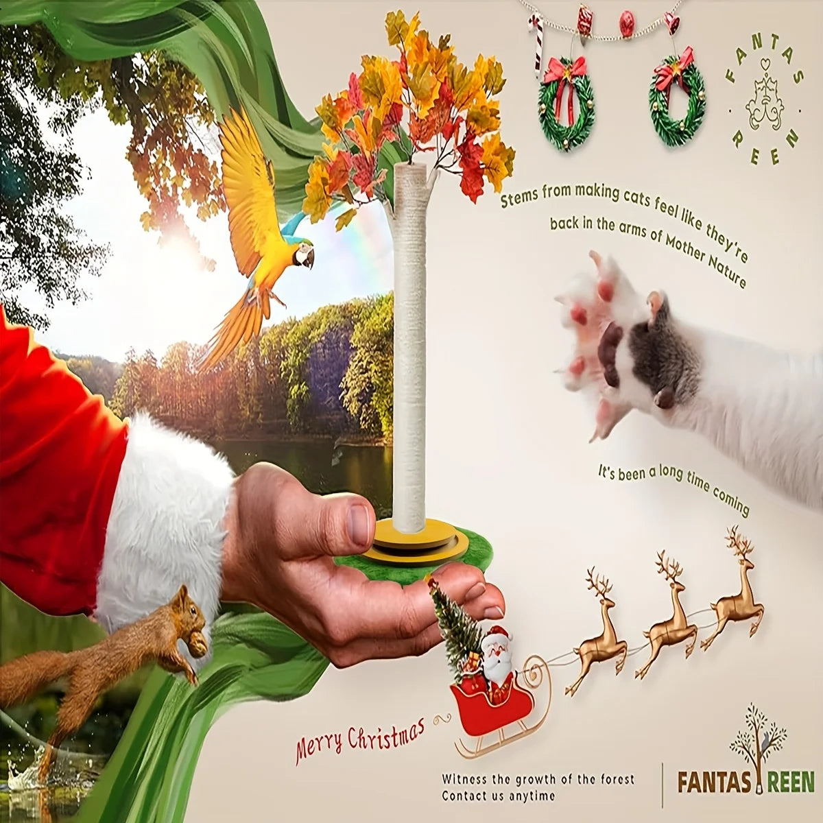 Maple Leaf Cat Scratching Post with Wooden Turntable Base, Indoor Cat Scratching Post, Features Cat Toy Interactive Wooden Ball and Artificial Maple Leaf Decoration, Suitable for Kittens and Adult Cats to Play, Cat Furniture,