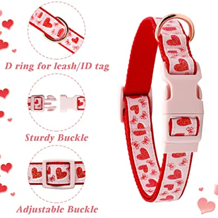 Valentine's Day Dog Collar and Leash Set Adjustable Pink Dog Collar with Glittery Pink Heart Pattern Matching Leash Valentines