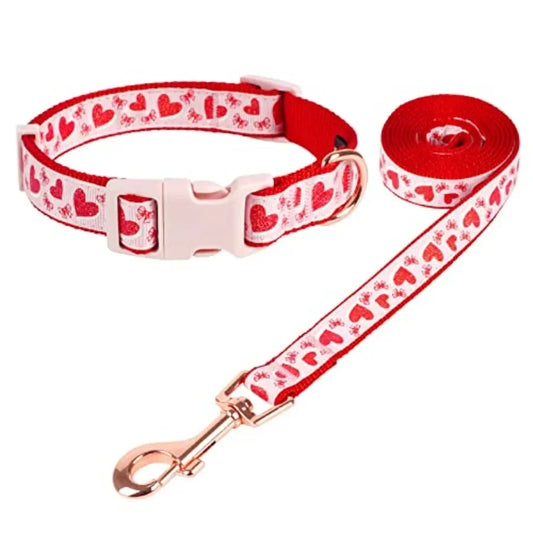 Valentine's Day Dog Collar and Leash Set Adjustable Pink Dog Collar with Glittery Pink Heart Pattern Matching Leash Valentines