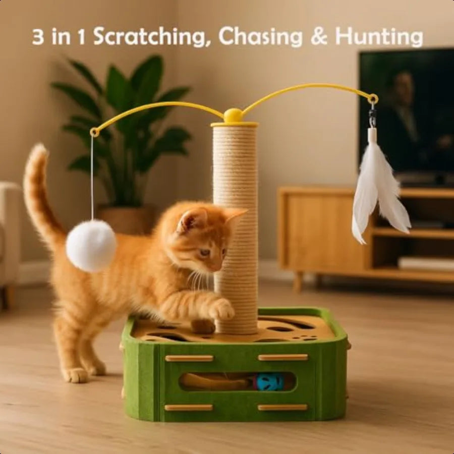 Interactive Cat Puzzle Toy Scratching Post with Spinning Balls Feathers for Indoor Cats Satisfies Hunting Instinct SelfPlay Men