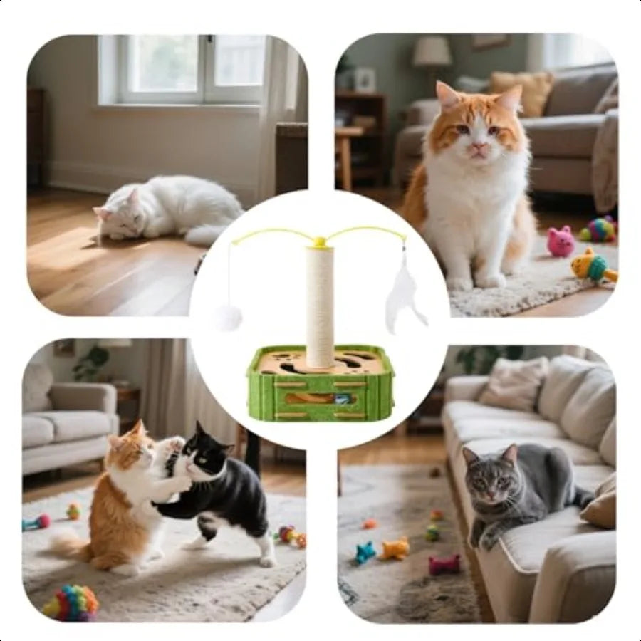 Interactive Cat Puzzle Toy Scratching Post with Spinning Balls Feathers for Indoor Cats Satisfies Hunting Instinct SelfPlay Men