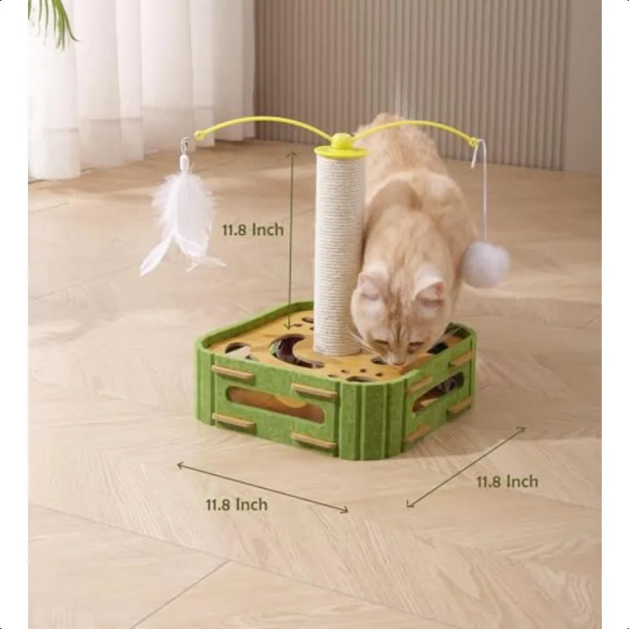 Interactive Cat Puzzle Toy Scratching Post with Spinning Balls Feathers for Indoor Cats Satisfies Hunting Instinct SelfPlay Men