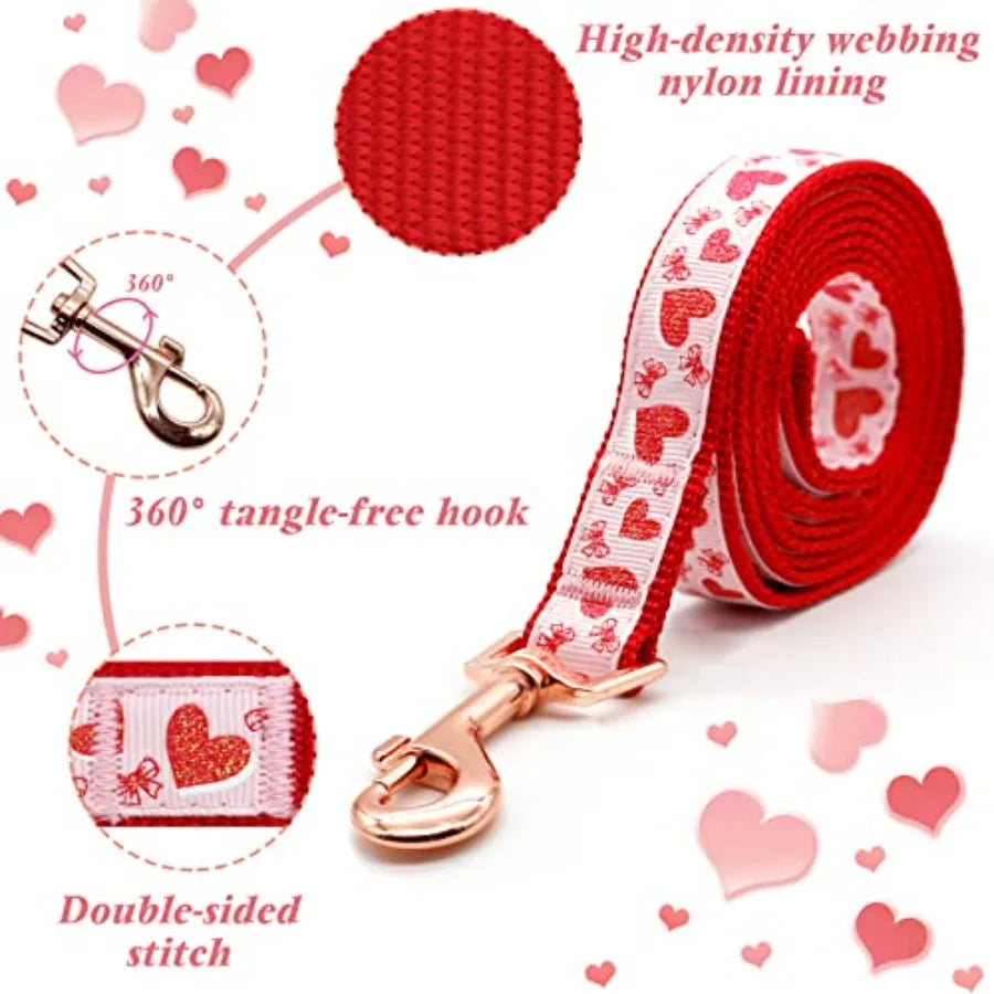 Valentine's Day Dog Collar and Leash Set Adjustable Pink Dog Collar with Glittery Pink Heart Pattern Matching Leash Valentines