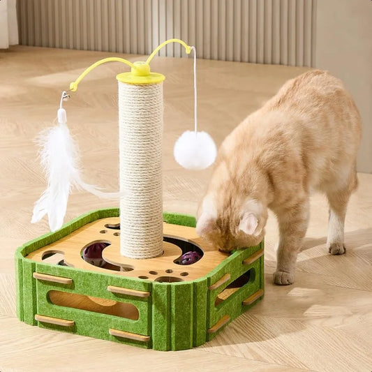 Interactive Cat Puzzle Toy Scratching Post with Spinning Balls Feathers for Indoor Cats Satisfies Hunting Instinct SelfPlay Men