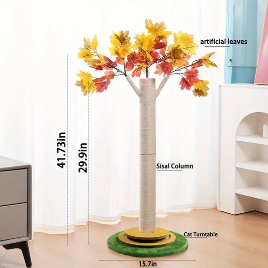 Maple Leaf Cat Scratching Post with Wooden Turntable Base, Indoor Cat Scratching Post, Features Cat Toy Interactive Wooden Ball and Artificial Maple Leaf Decoration, Suitable for Kittens and Adult Cats to Play, Cat Furniture,