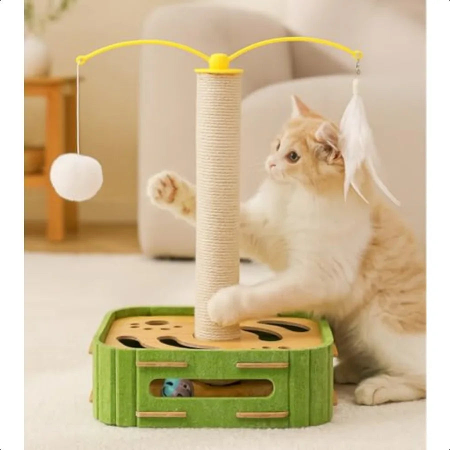Interactive Cat Puzzle Toy Scratching Post with Spinning Balls Feathers for Indoor Cats Satisfies Hunting Instinct SelfPlay Men