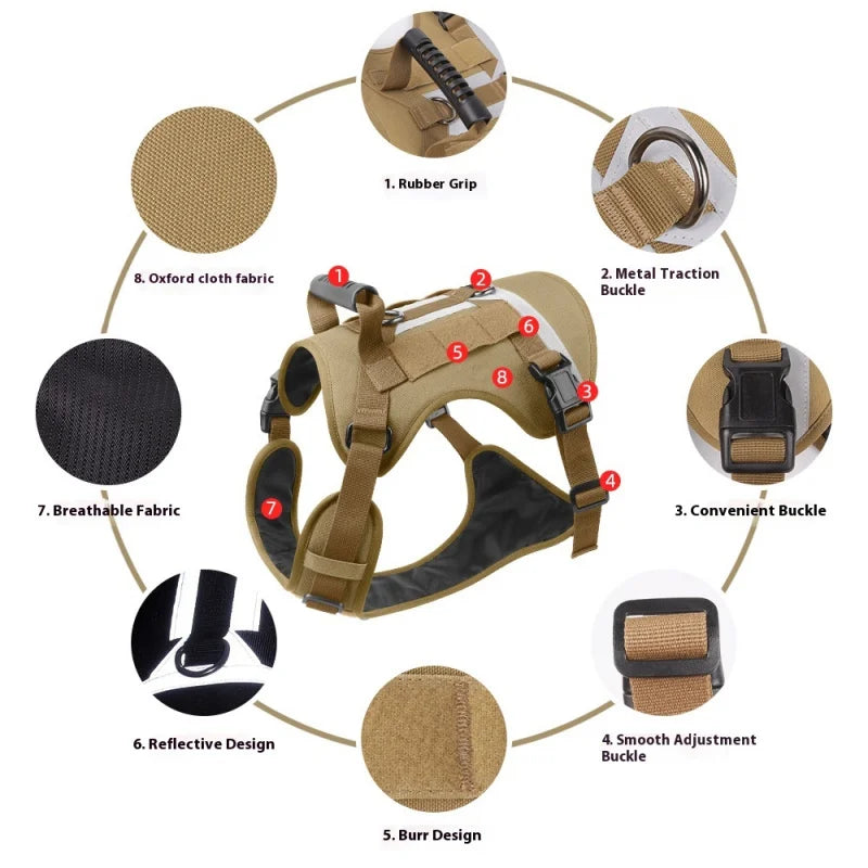 Tactical U-Front Harness - Reflective Service Dog Vest with MOLLE System, Adjustable Training Gear for Large Dogs