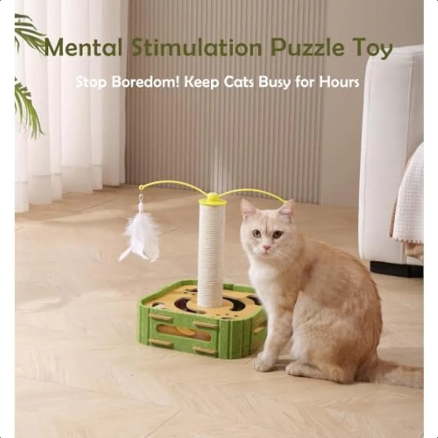 Interactive Cat Puzzle Toy Scratching Post with Spinning Balls Feathers for Indoor Cats Satisfies Hunting Instinct SelfPlay Men